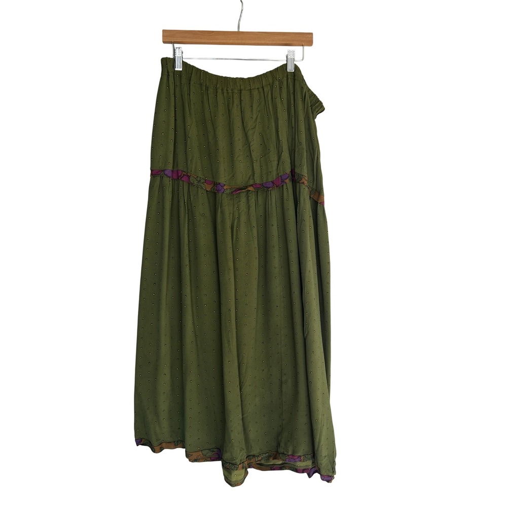 LOOK Inc‎ Olive Green Purple Polka Dot Midi Skirt Women's Bohemian Rayon XXL